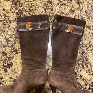 Brown Suede Knee-High Boots with Gold Buckle